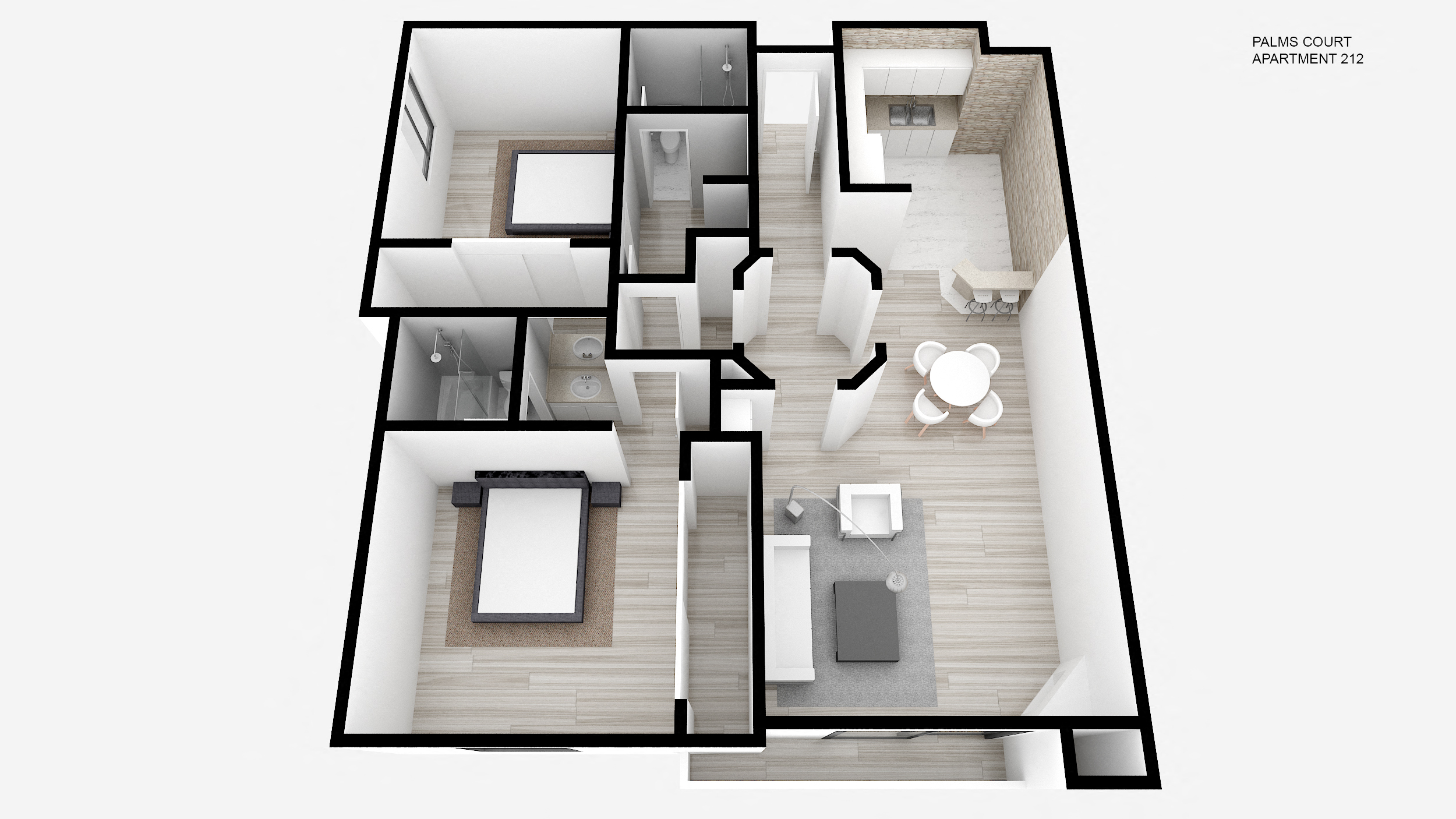 Floor plan for 2 beds, 2 baths, 1050 sqft